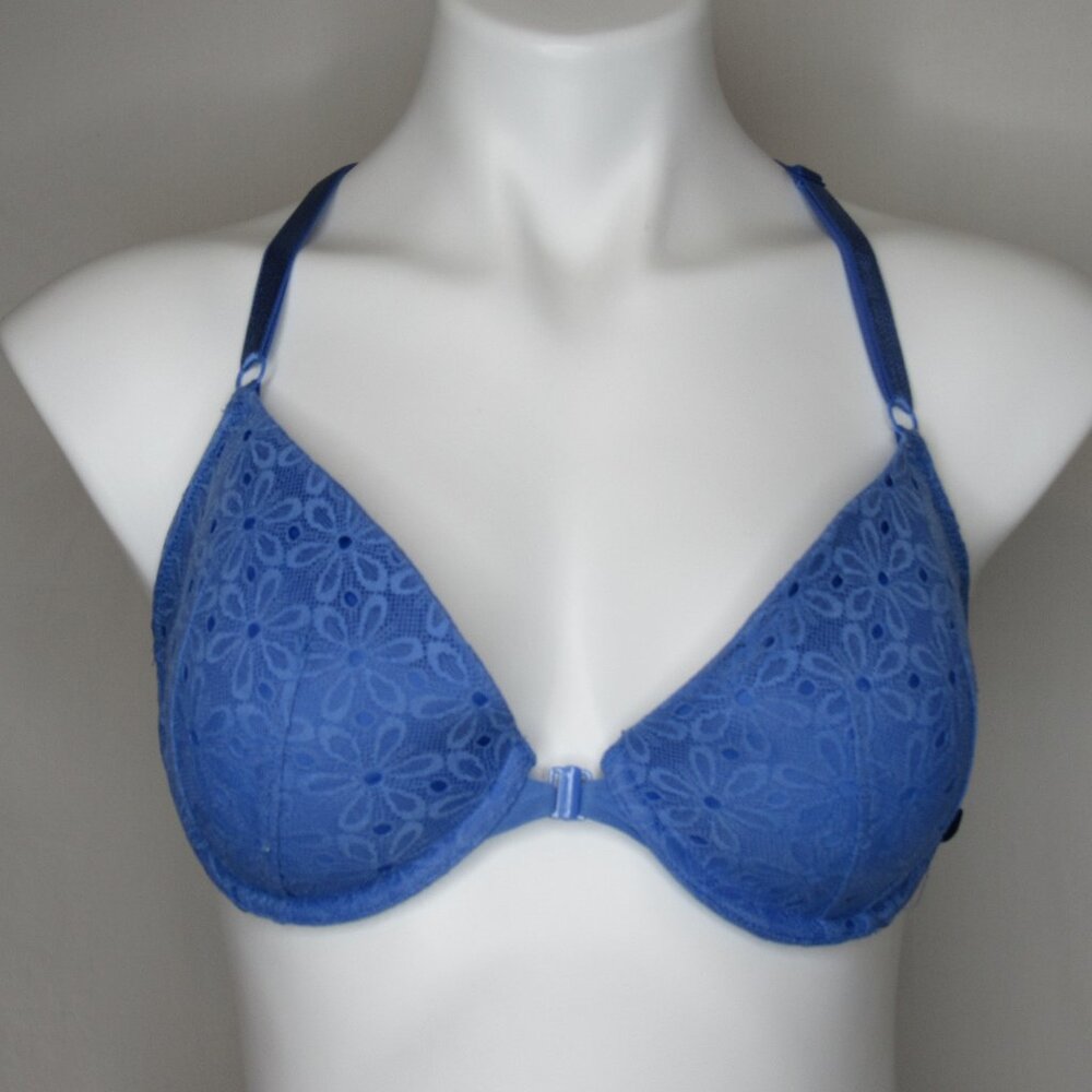 Victoria's Secret Blue Lace Front Closure Lined Demi Bra 32DD